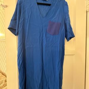 Blue V-Neck Dress with Pocket